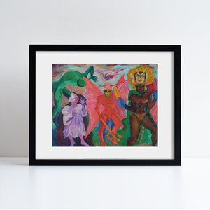 Framed reproduction of a painting by John Lyons. Colourful painting featuring 4 figures.