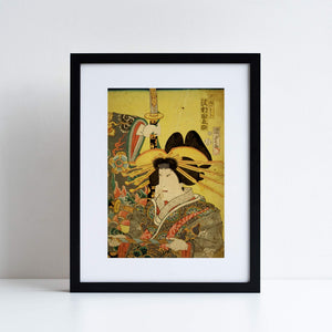 Reproduction of The Actor Tanosuke Sawamura as a Courtesan by Utagawa Kunisada. Photographed against white background.
