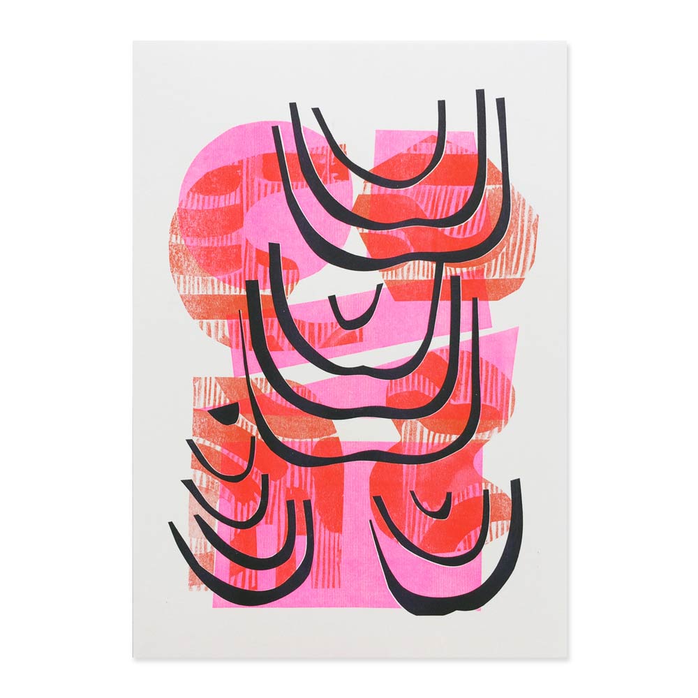 Risograph print featuring a pink and red abstract graphic illustration. 