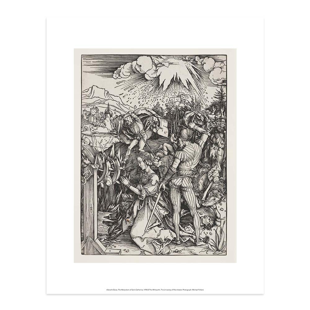 Printed reproduction of Durer's Martyrdom of Saint Catherine - a drawing depicting Saint Catherine surrounded by other figures in a busy landscape