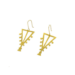 Gold brass earrings in the shape of a triangle with hook fastening - white background.