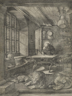 Durer etching of Saint Jerome in his Study. An etching of saint sat on a desk in a study, with dogs sleeping in front.