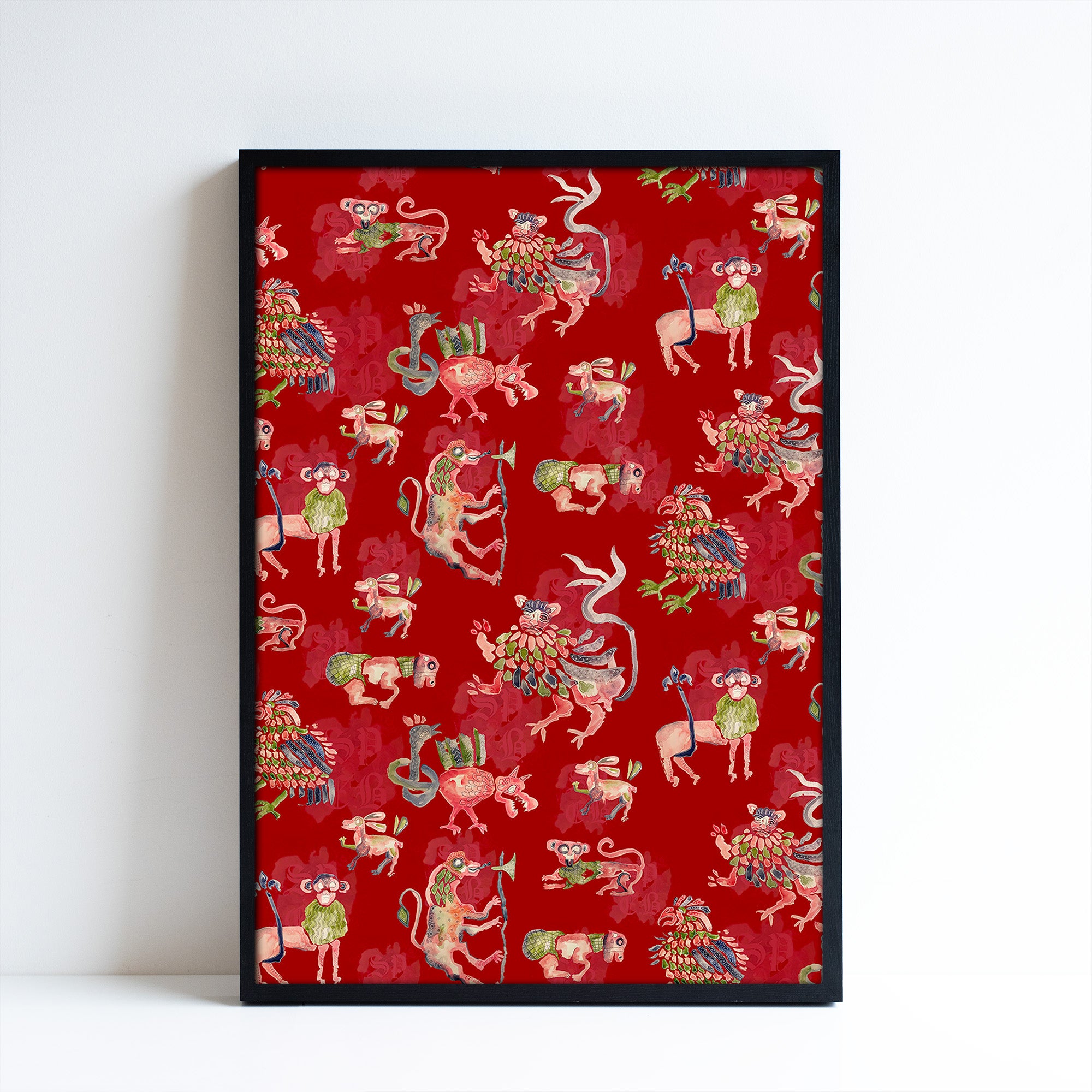 Framed print of pattern design by Sarah-Joy Ford. Lots of mythical creatures against a red backgound.