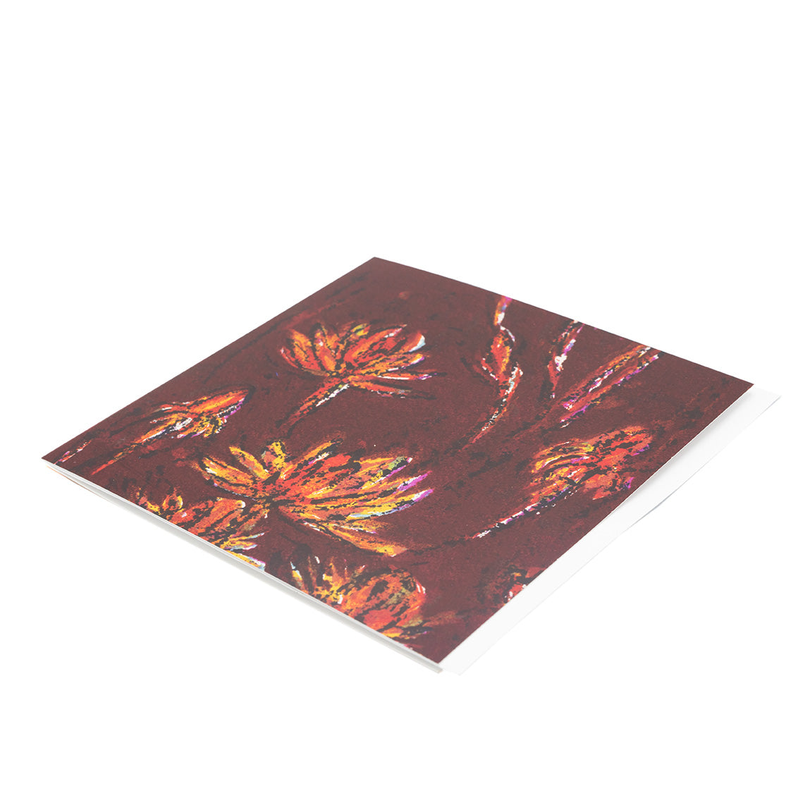 A single card with envelope lying on an angle against a white backdrop. This is the dark red Trinidad colourway artwork.