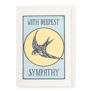 Card, cream envelope with a swallow in a circle, colours are blue, dark grey and pale yellow. Text reads with deepest sympathy.