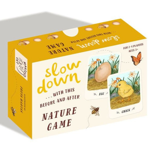 Slow Down Nature Game box against white background. Image of a chick and an egg, with text about the product surrounding. Yellow font.