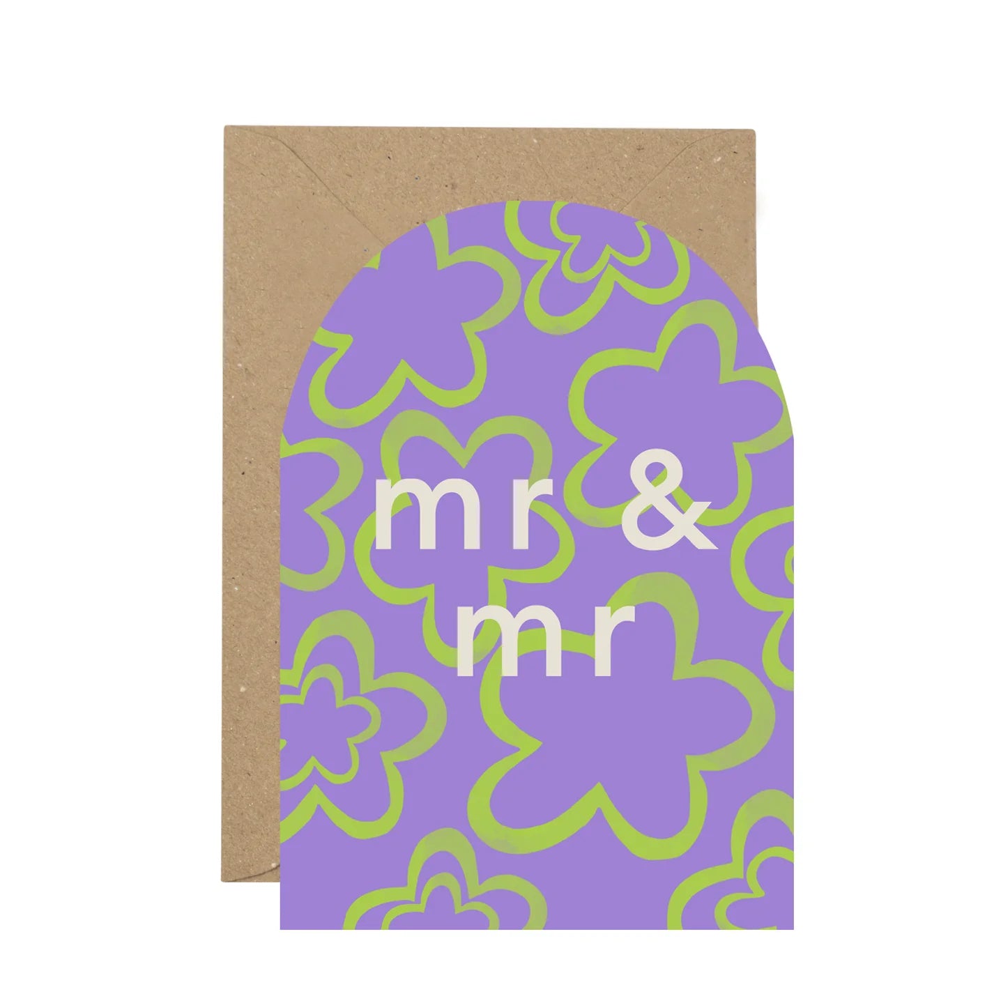 Curved card with purple and green flowers pattern, on top of a brown envelope and white background. The words Mr & Mr written on top.
