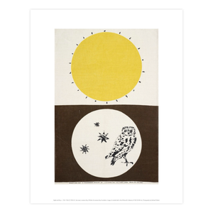 Reproduction of Night and Day by Lucienne day. The print has a owl at the bottom half and a sun at the top.