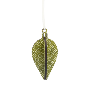 Oval bauble decoration against white background. Scandi green finish on the decoration.