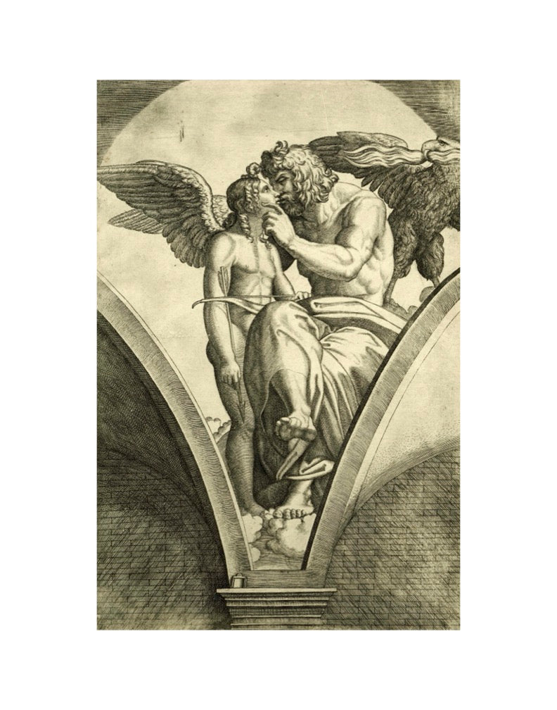 Reproduction of classic work by Raimondi of Jupiter Embracing Cupid