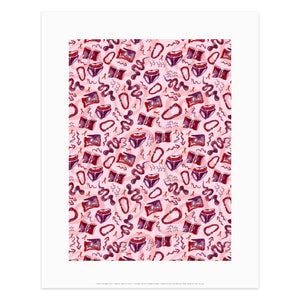 Image of a print of Sarah-Joy Ford's A Queer Manifesto. Pink, purple and red pattern design