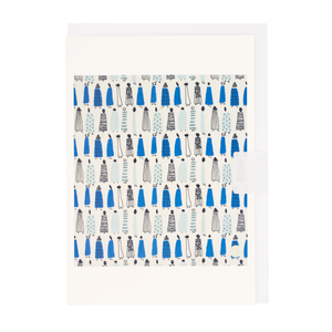 Greetings card with Lucienne Day's Sequence design. Repeat pattern of women in blue coats