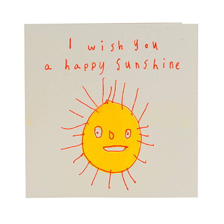 Greetings card, white envelope. Bright pink and yellow sun. Orange-pink text, I wish you a happy sunshine.