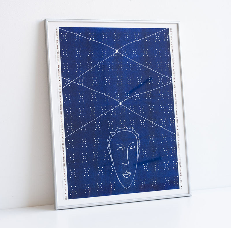 Framed limited edition print by Ayo Akingbade. Blue with line patterns and an illustration of a person's face.