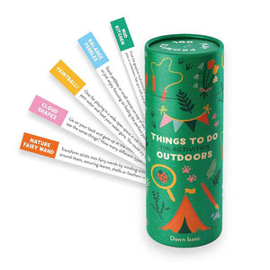 A close-up of a green tube overflowing with colorful cards. The cards contain illustrations and descriptions of outdoor activities for children.