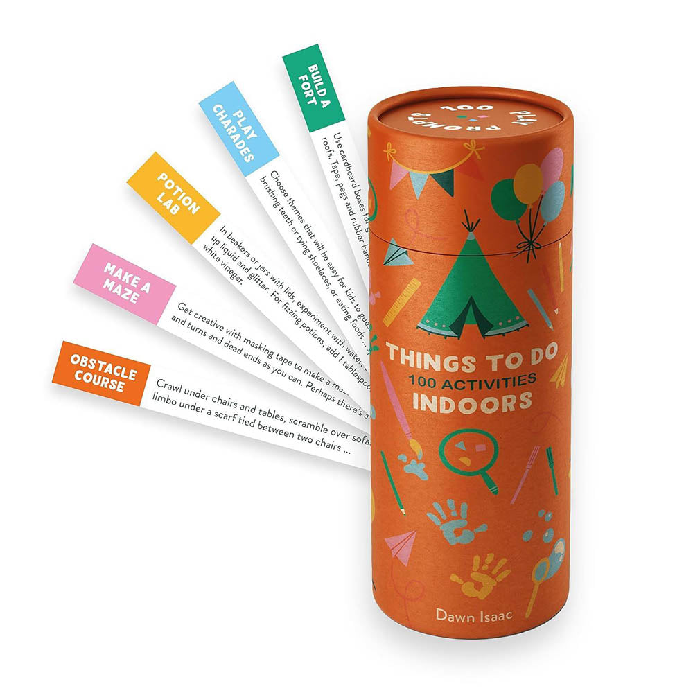 A cardboard tube filled with colourful activity cards. The cards have illustrations and descriptions for indoor activities for kids.