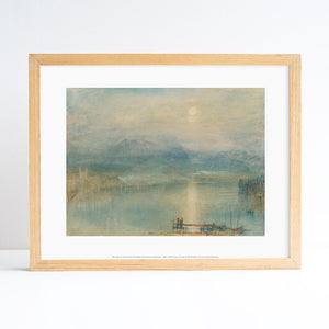 Reproduction of watercolour painting by JMW Turner called Moonlight on Lake Lucerne with Rigi in the Distance. Placed in an ash frame.