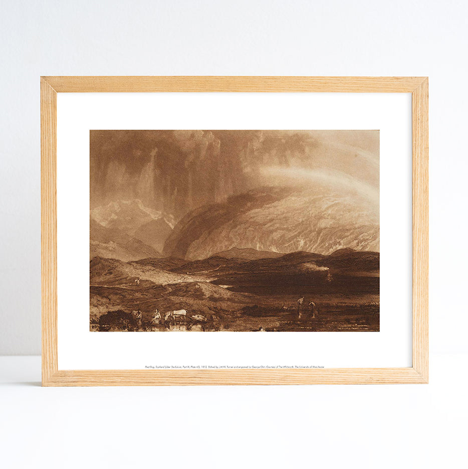 Printed reproduction of a landscape drawing/etching by JMW Turner. Placed in an ash frame.