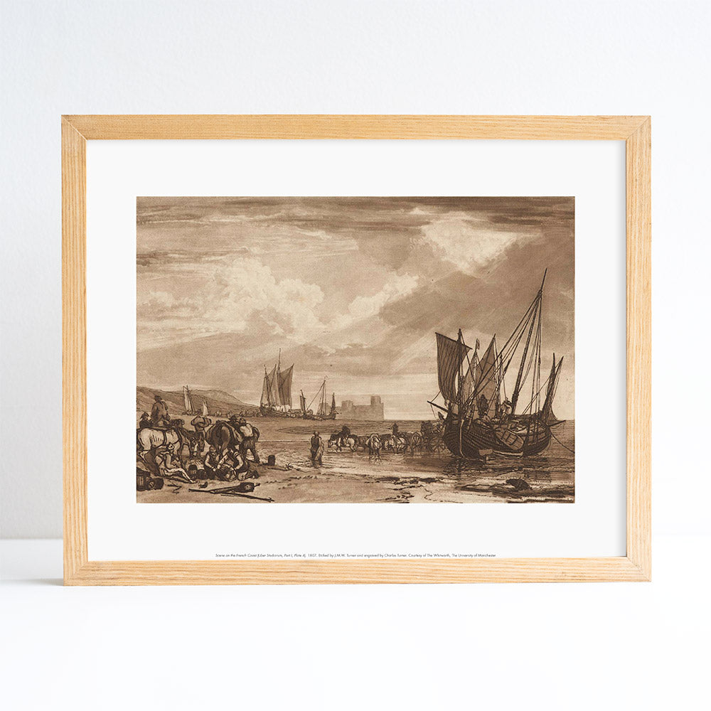 Reproduction of landscape drawing by JMW Turner depicting a ship on the coast. Placed in an ash frame in front of a white background.