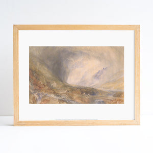 Printed reproduction of Storm in the Pass of St Gothard by JMW Turner. Placed in an ash frame in front of a white background.