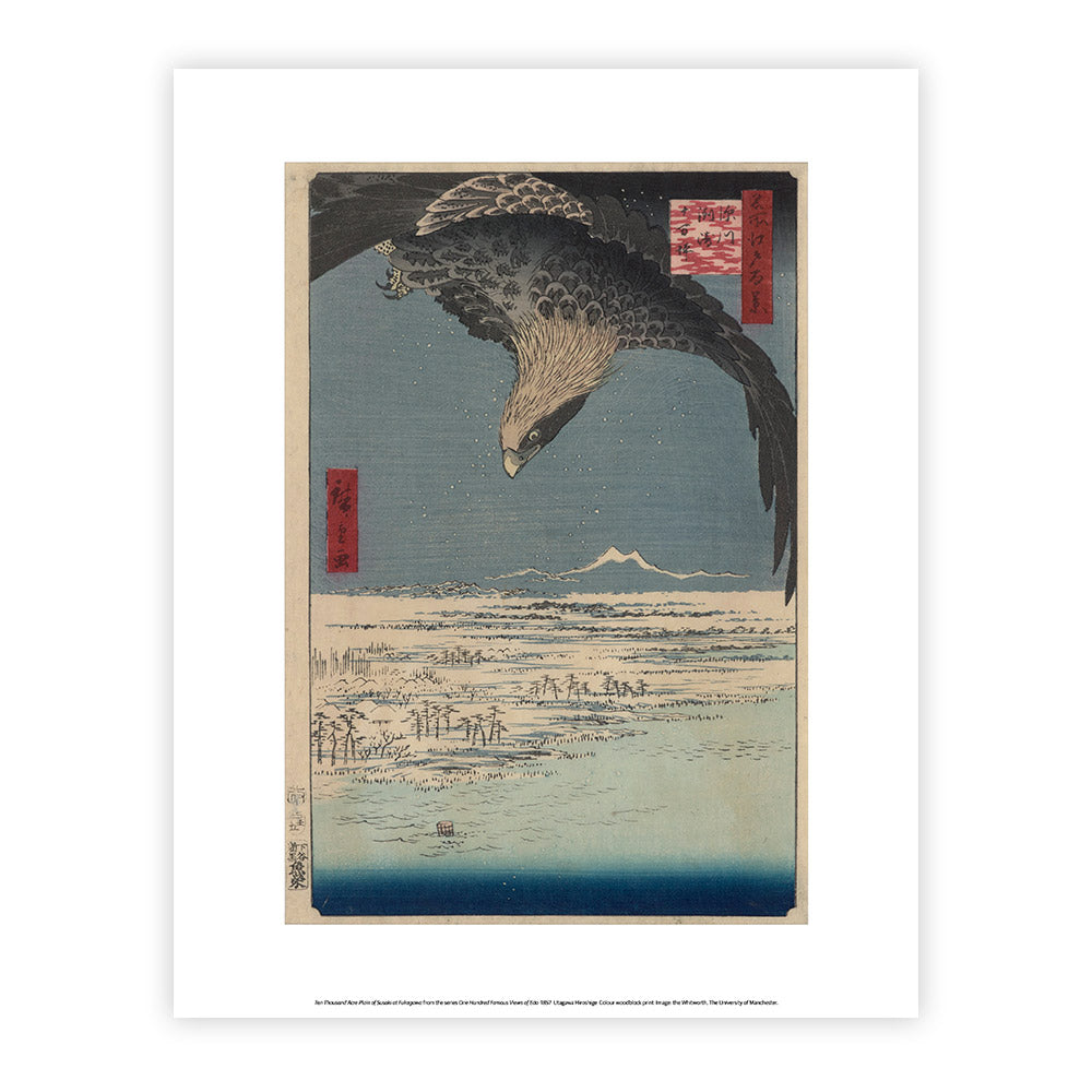 Artwork of a traditional Japanese print with an eagle and mountain landscape.