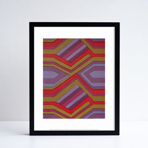 Reproduction of a red, orange and purple geometric textiles piece by Shirley Craven. Placed in a black frame.