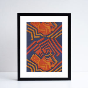 Reproduction of a red and navy geometric textiles piece by Shirley Craven, in print format with a white border. Placed in a black frame.