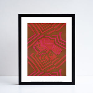 Reproduction of a red and pink geometric textiles piece by Shirley Craven, in print format with a white border. Placed in a black frame.