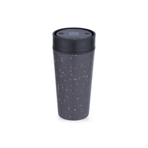 A black reusable coffee cup with a black lid and a small circular logo on top.