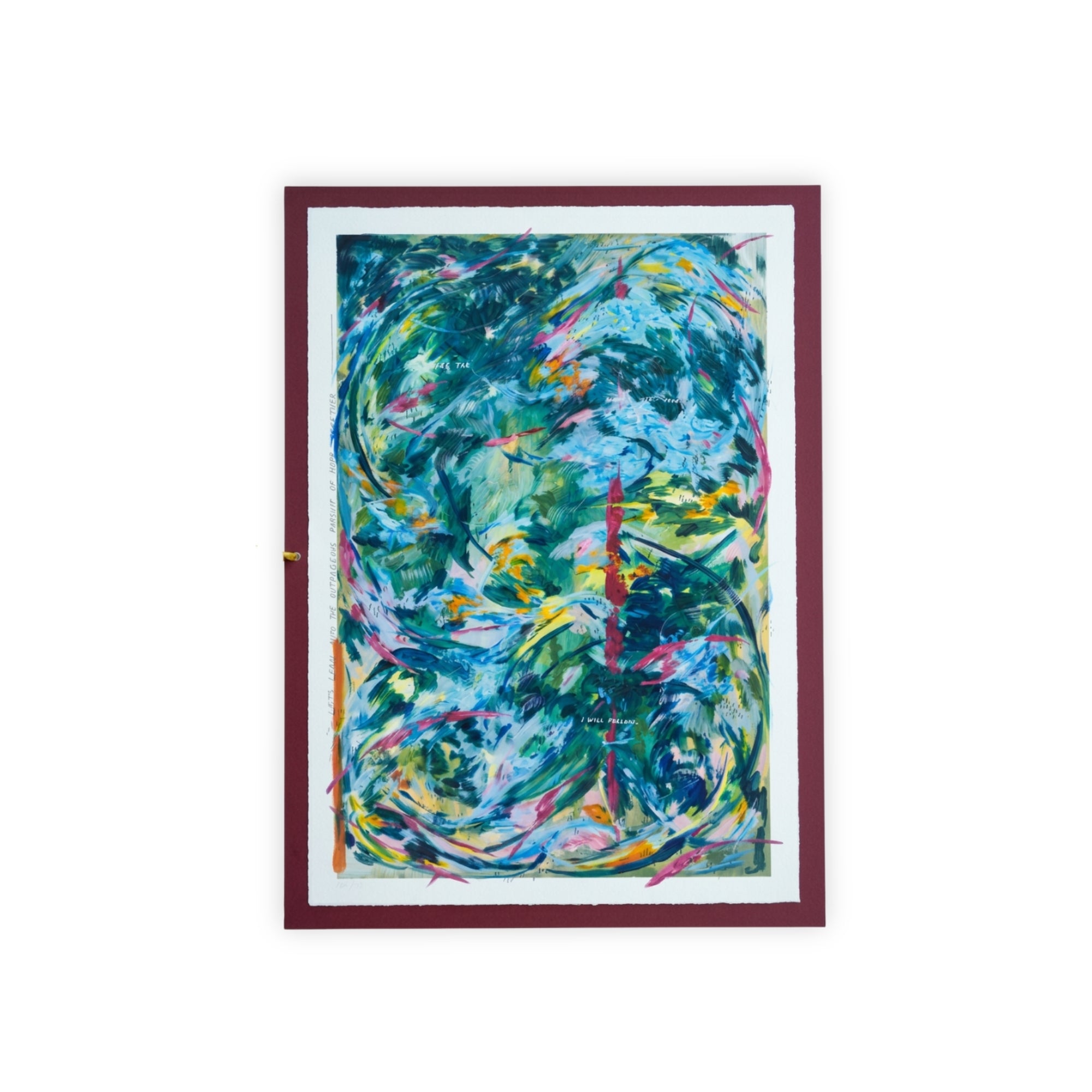 A framed abstract painting featuring swirling, expressive brushstrokes in shades of blue, green, yellow, pink, and white, shown on a burdgundy background to showcase the torn edges paper finish.