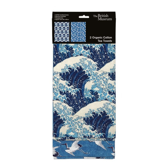 Tea towels with the Great Wave design in black card packaging.