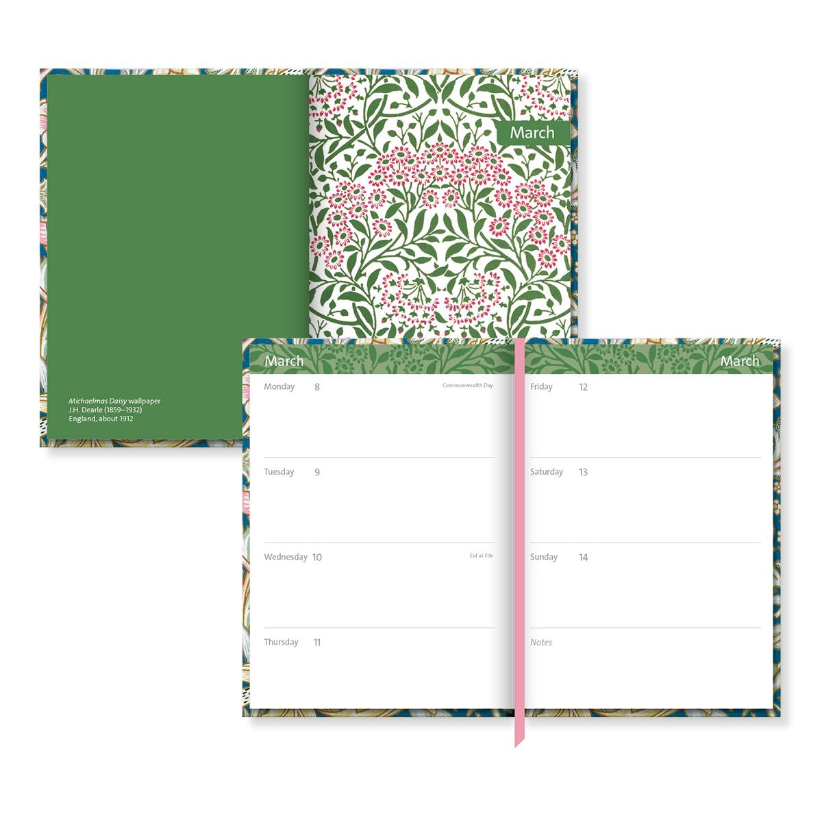 Two views of the planner with floral design on a white background