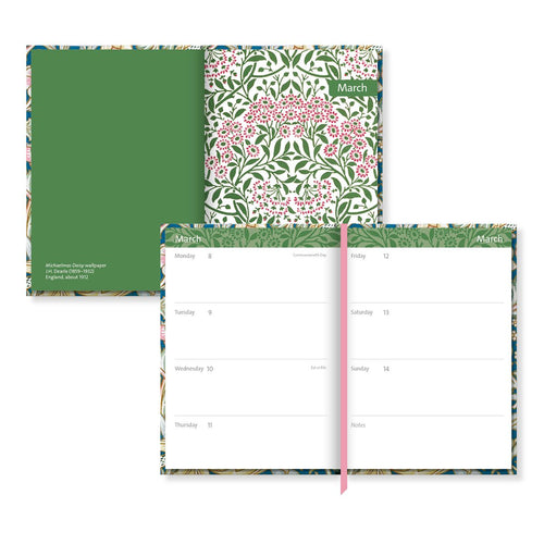 Two views of the planner with floral design on a white background