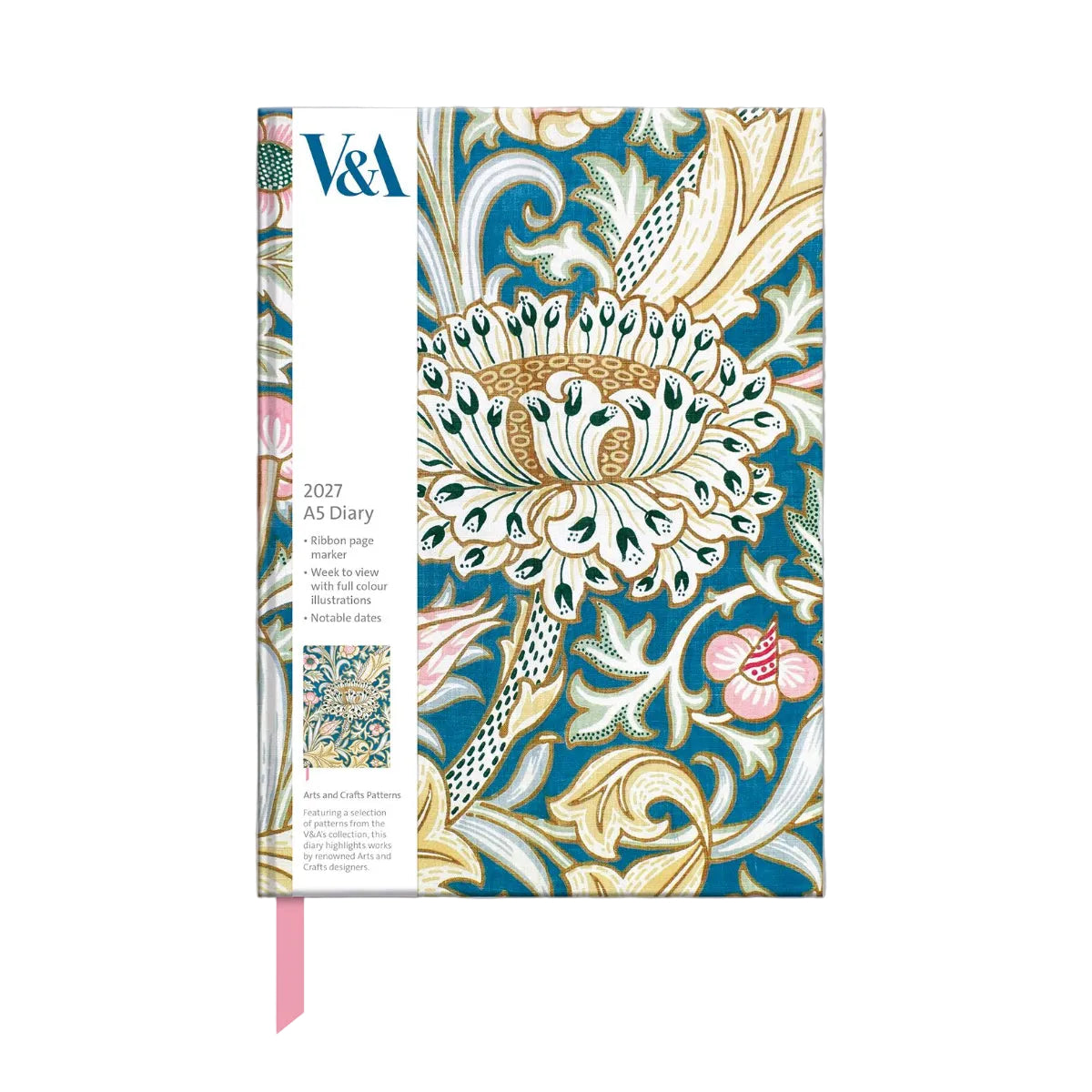 Decorative diary with floral design and V&A branding on a white background