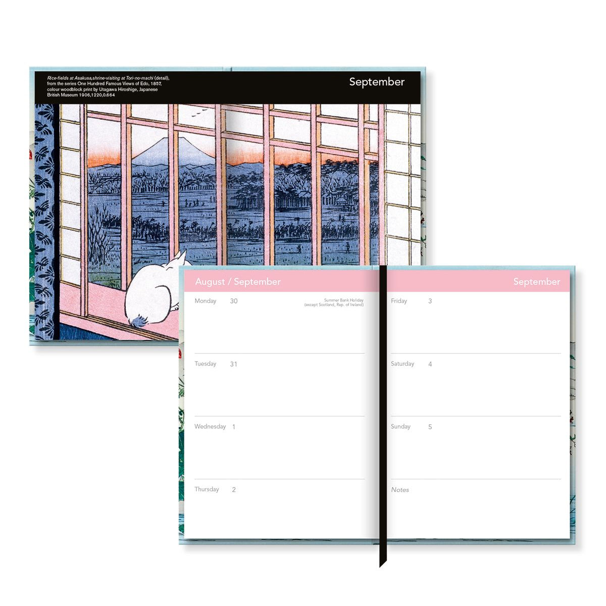 Calendar planner with a scenic view on one page and a weekly page view on the other, on a white background.
