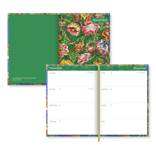 Two planner pages with floral design and green border on a white background