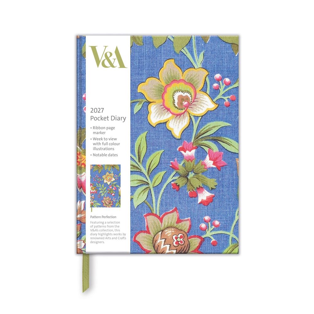 Floral-patterned pocket diary with V&A branding on a white background