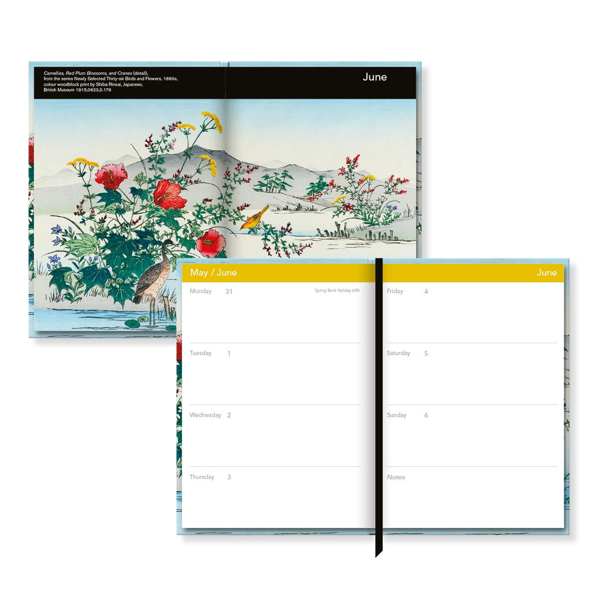 Open planner showing a floral design double page spread with a calendar layout inside.