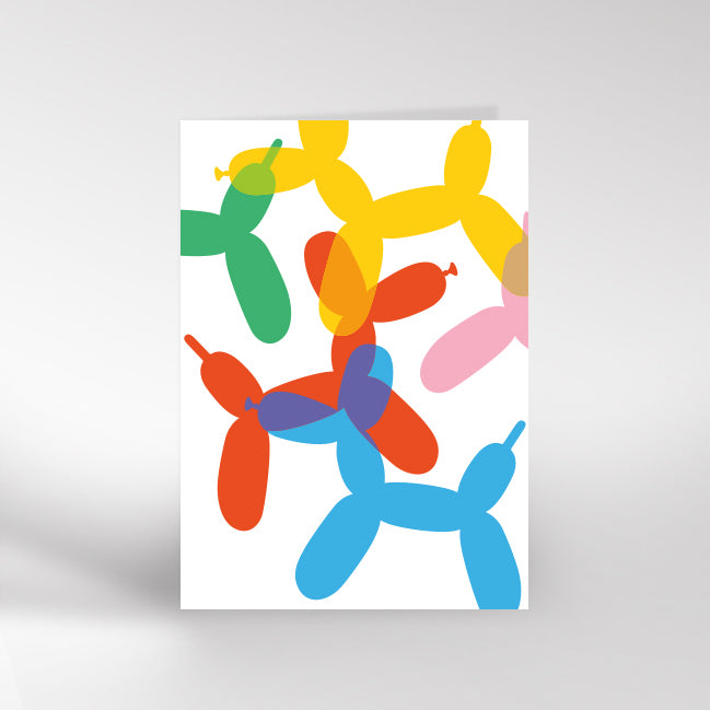 Birthday card with a colourful balloon animal illustration on a white background