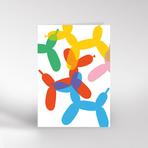 Birthday card with a colourful balloon animal illustration on a white background