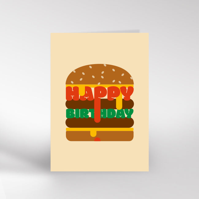 Happy Birthday card with a burger design on a beige background