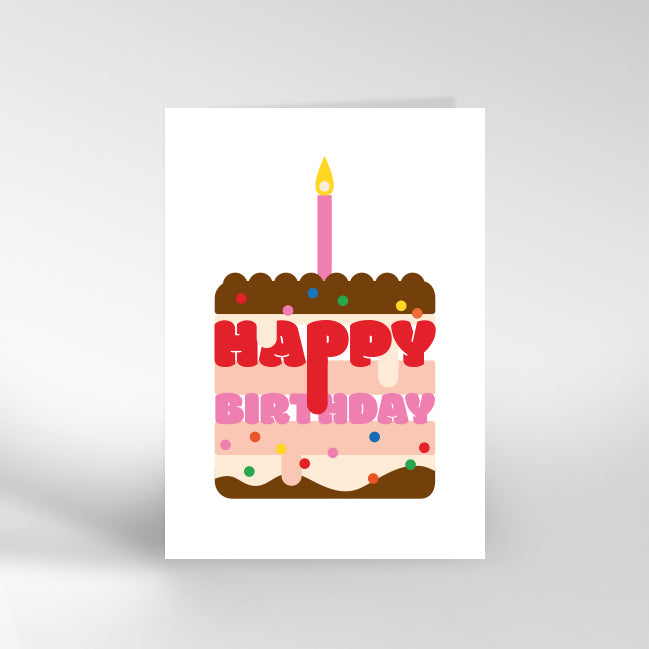 Card with illustration of a birthday cake with a candle and 'Happy Birthday' text on a white background