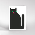 Black cat illustration with green eyes and a pink nose on a white background