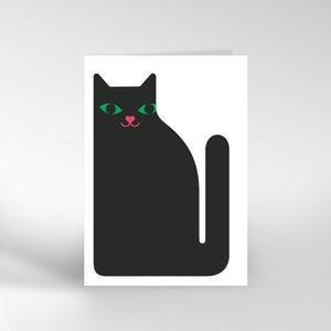 Black cat illustration with green eyes and a pink nose on a white background