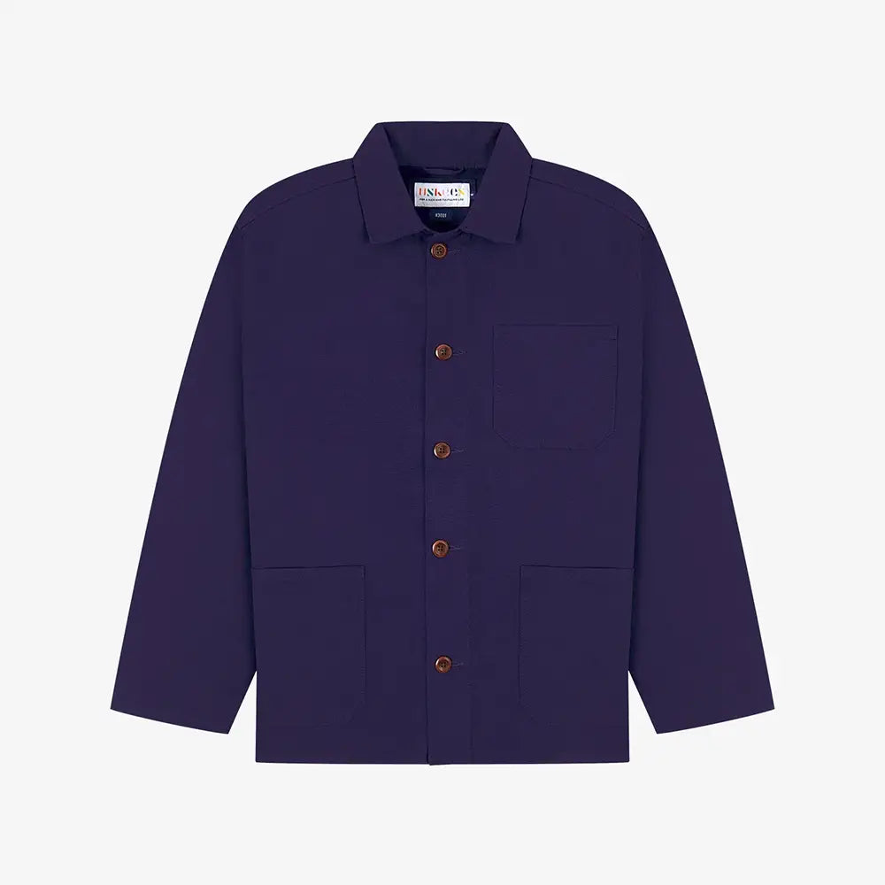 Navy jacket with brown buttons on a white background