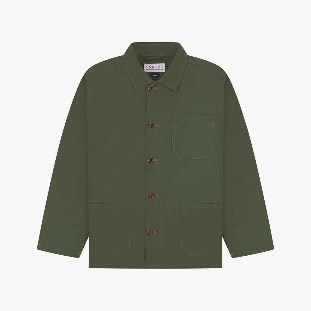 Green jacket with button details on a white background