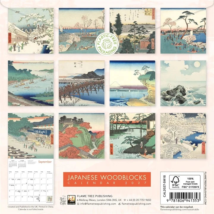 Back cover of the Flame Tree Publishing 2027 Japanese Woodblocks Calendar, showcasing a 4x3 grid of traditional Japanese woodblock prints with landscapes, bridges, mountains, and autumn foliage. The bottom features a monthly calendar layout, publisher details, a barcode, and a circular 'Plastic Free Packaging' logo.