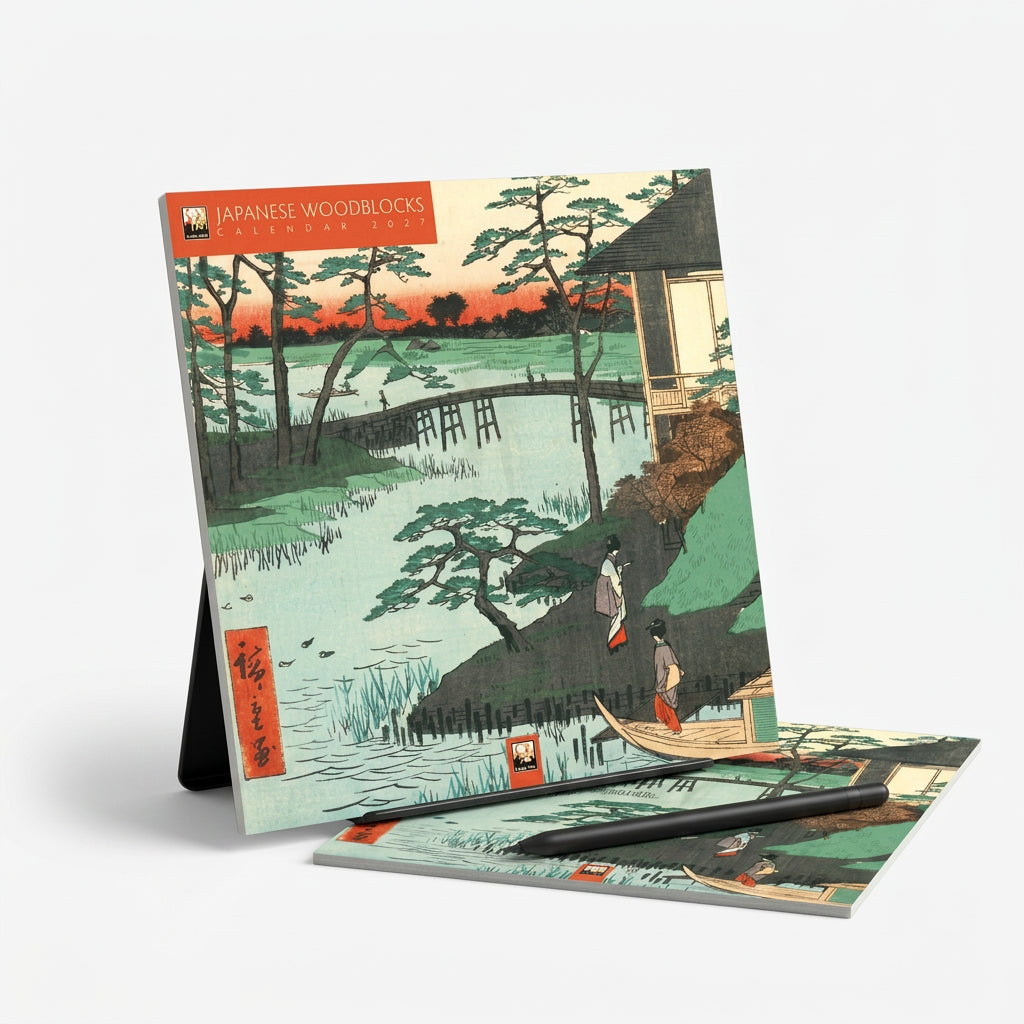 Japanese Woodblocks Mini Wall Calendar 2027, featuring a traditional Japanese woodblock-style landscape with a pond, pine trees, figures by the water and a building, in soft green, blue, orange and black tones.