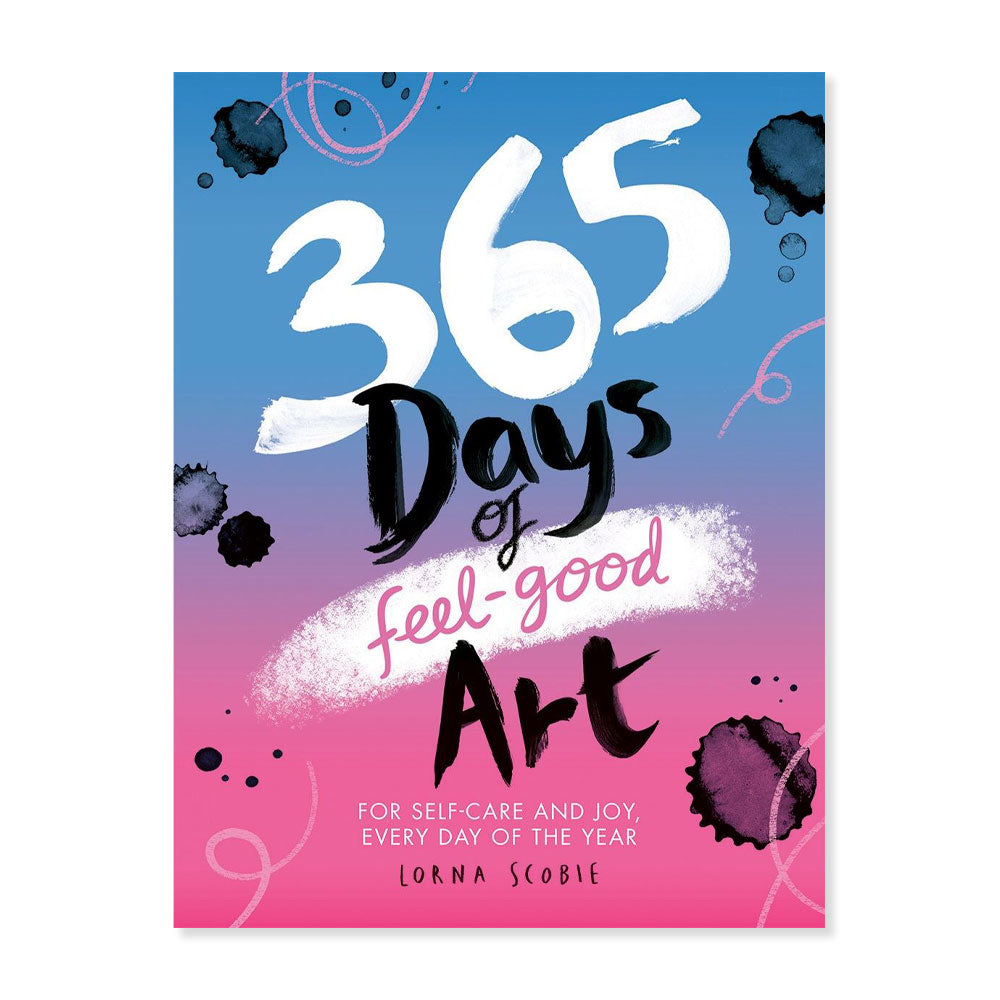 Book cover. Background is a blue and pink gradient with the title '365 days of feel-good art'.