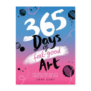 Book cover. Background is a blue and pink gradient with the title '365 days of feel-good art'.